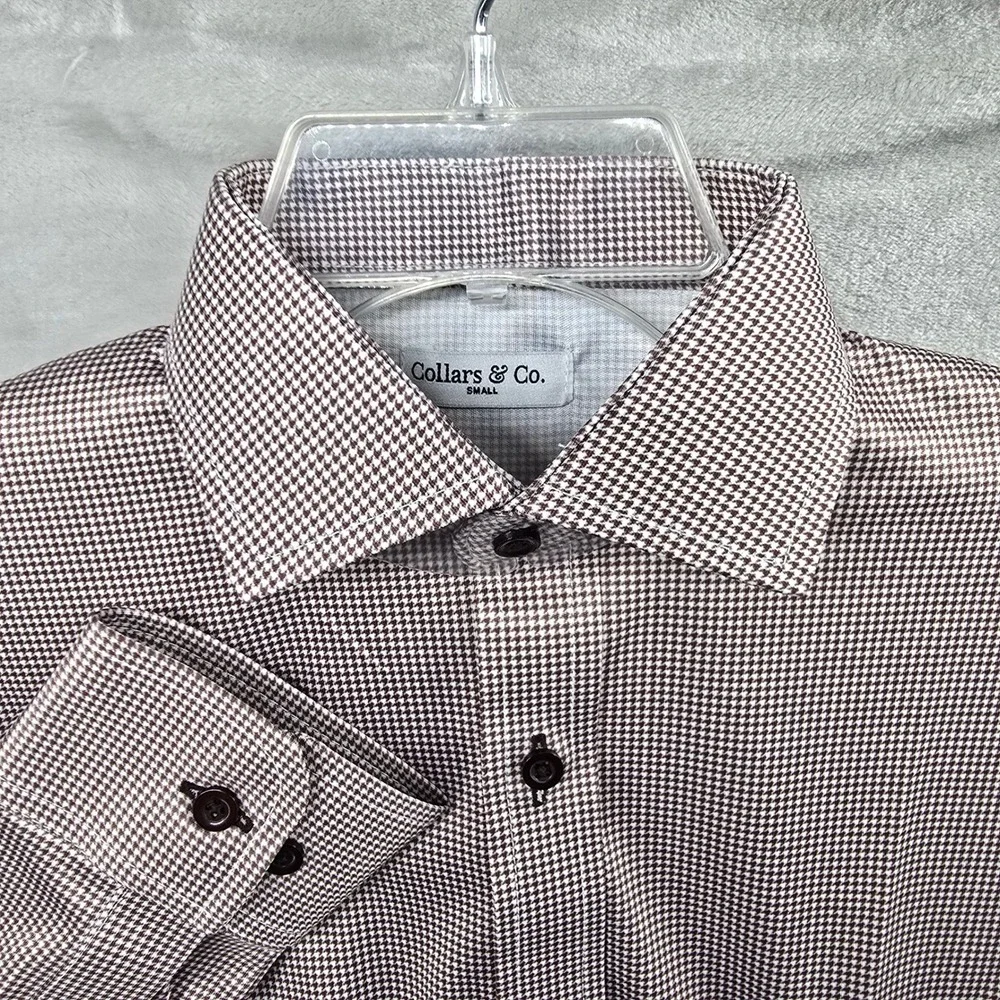 Collars & Co Dress Collar Polo Mens Small‎ Brown Houndstooth Long Sleeve Shirt
